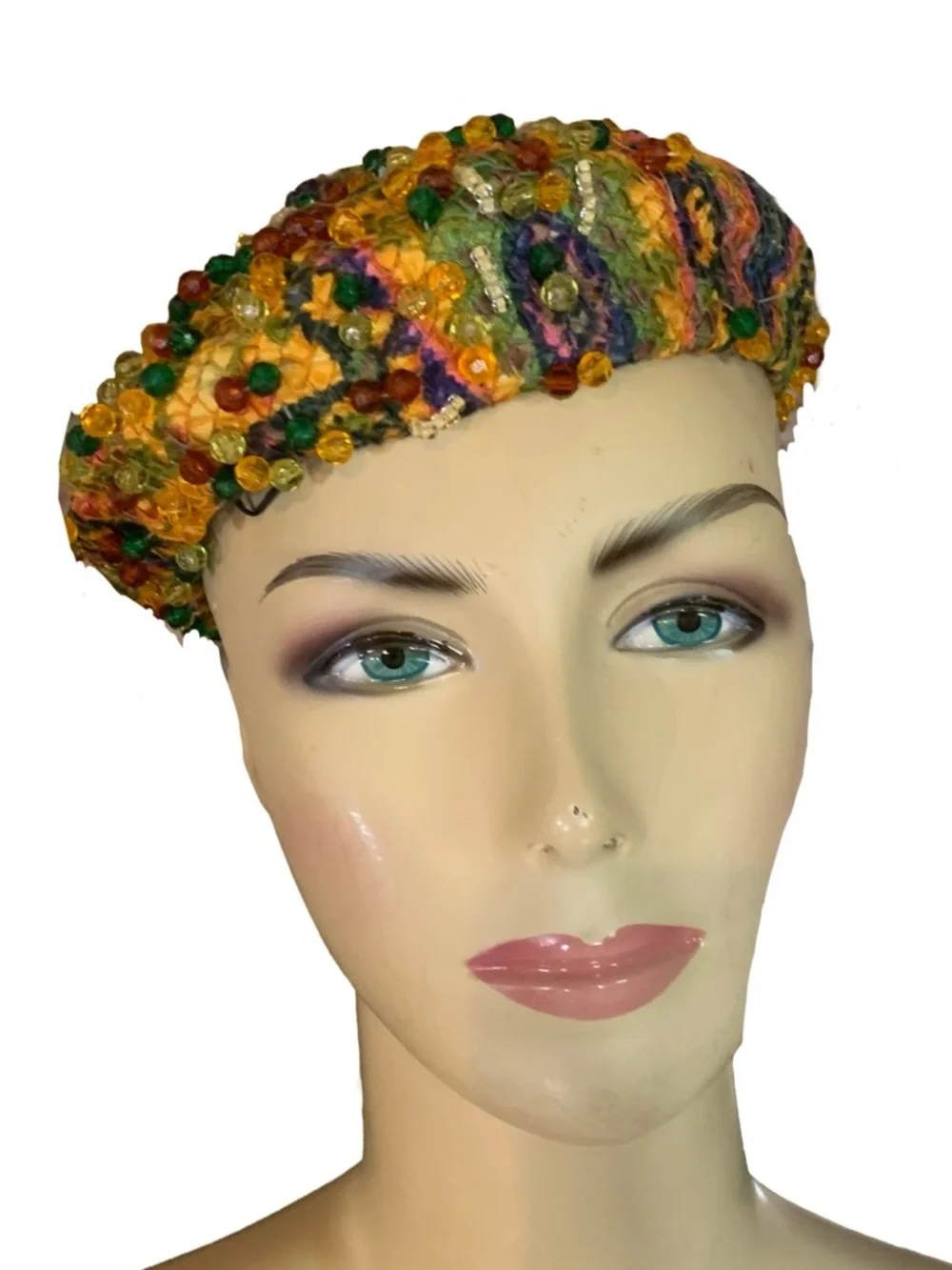 VINTAGE CIRCA 1960'S DANCINGER MULTI COLOR BEADED BEANIE STYLE HAT - Picture 6 of 12
